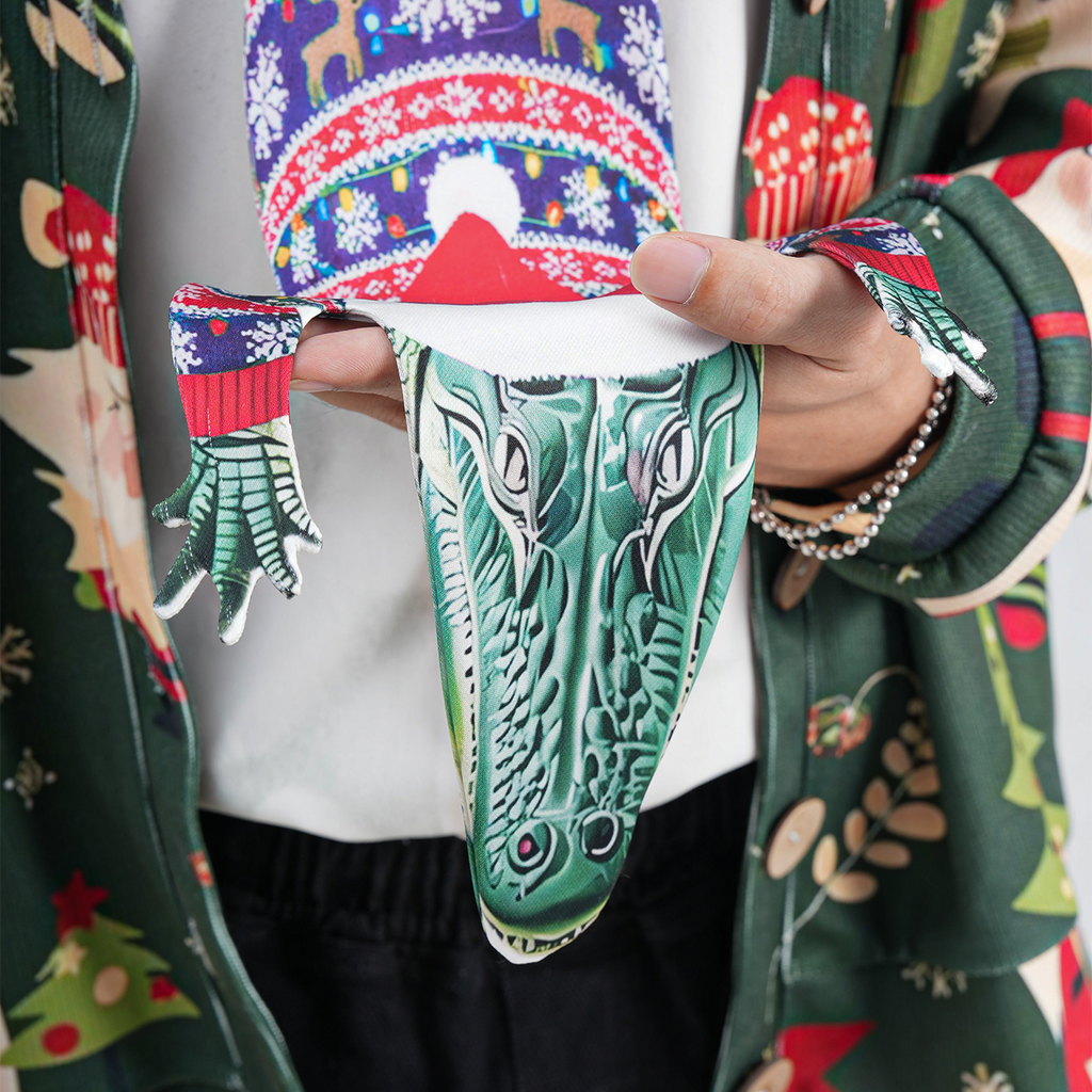 Novelty Christmas tie featuring an alligator wearing a Santa hat and holiday sweater, fun animal-themed festive accessory.