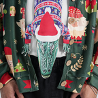 Novelty Christmas tie featuring an alligator wearing a Santa hat and holiday sweater, fun animal-themed festive accessory.