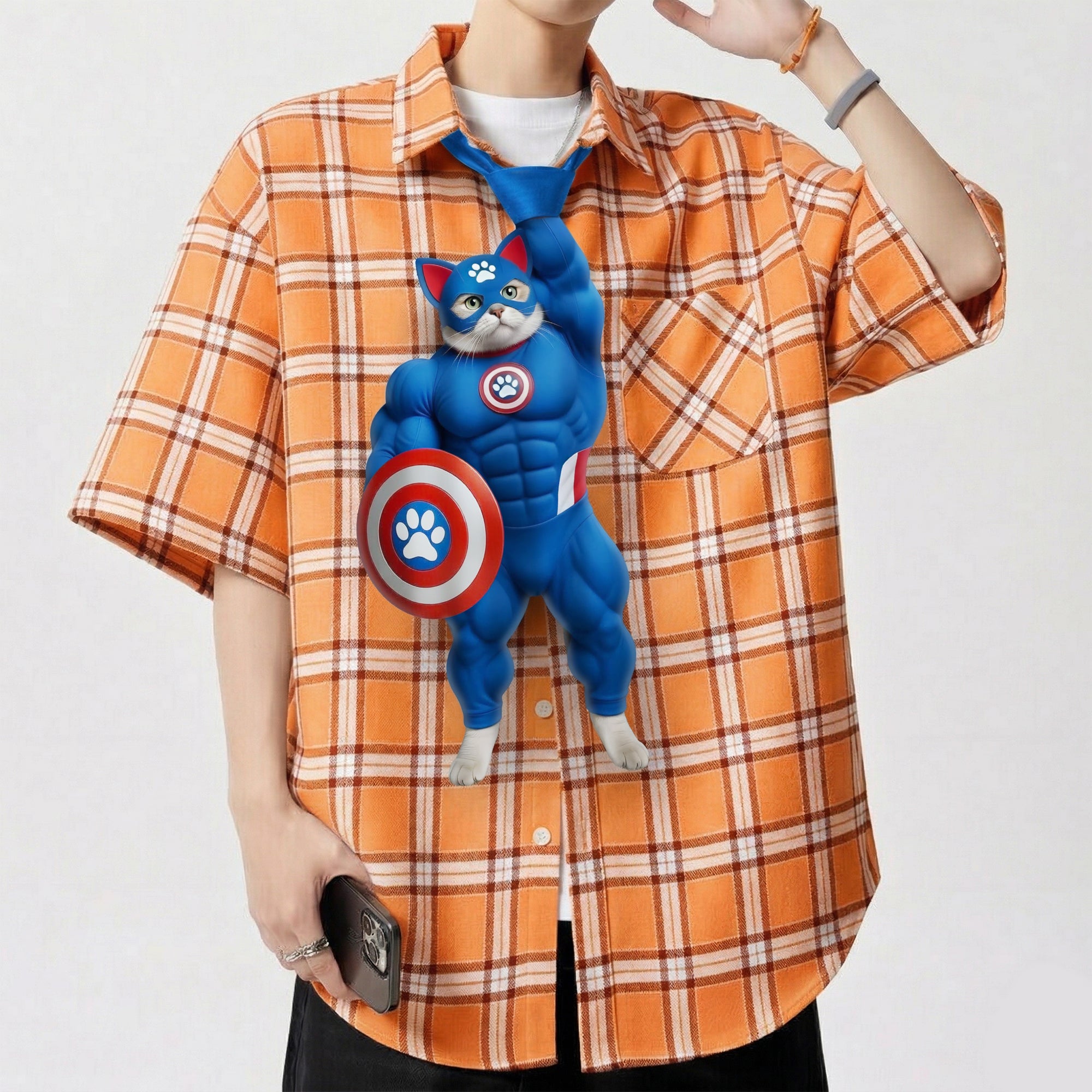Dripvity Captain Cat-merica Muscle Cat Tie, Hilarious Superhero Meme Necktie for Men