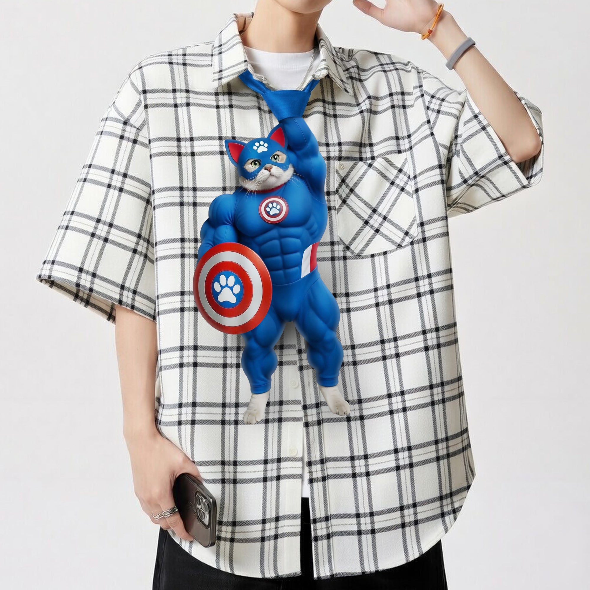 Dripvity Captain Cat-merica Muscle Cat Tie, Hilarious Superhero Meme Necktie for Men