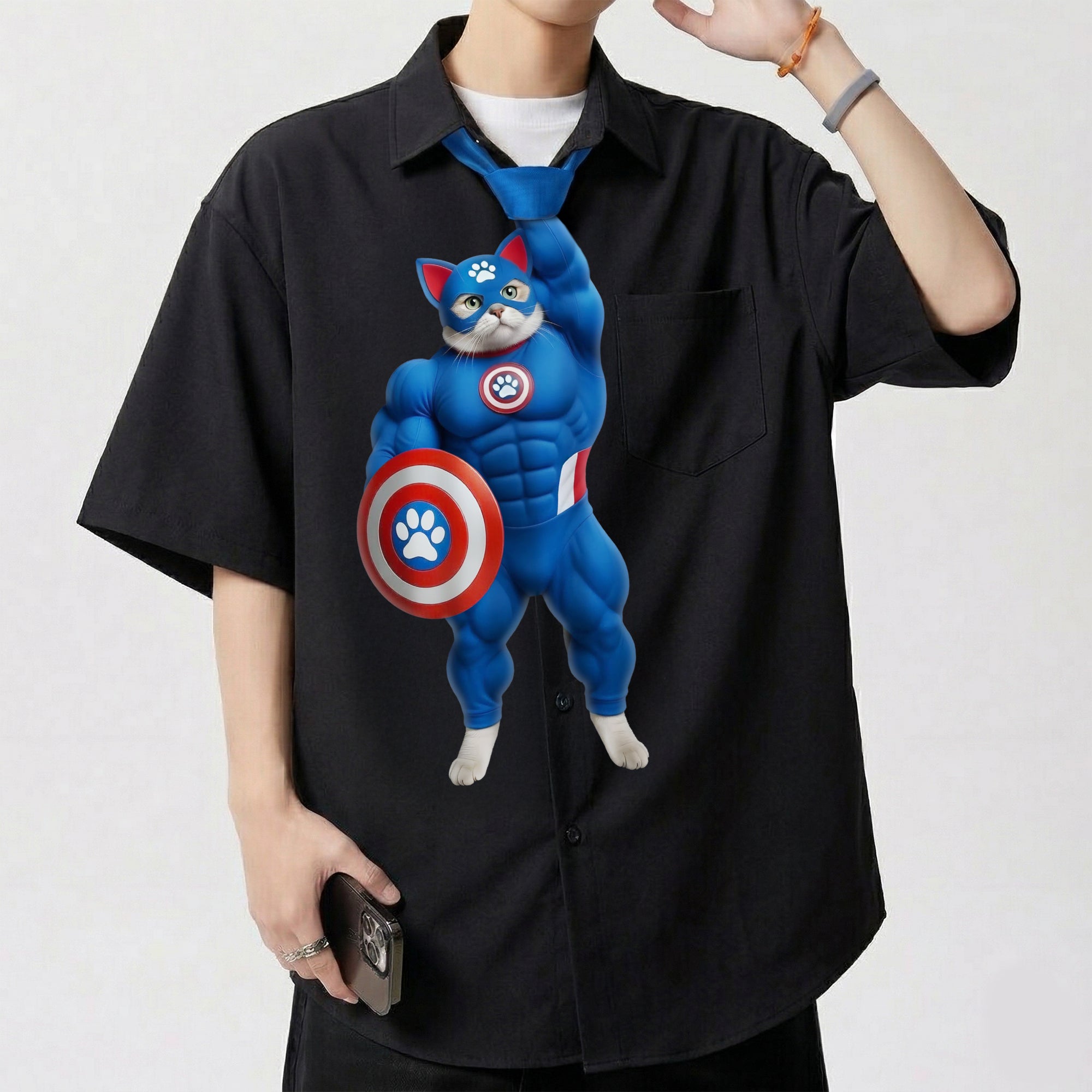 Dripvity Captain Cat-merica Muscle Cat Tie, Hilarious Superhero Meme Necktie for Men