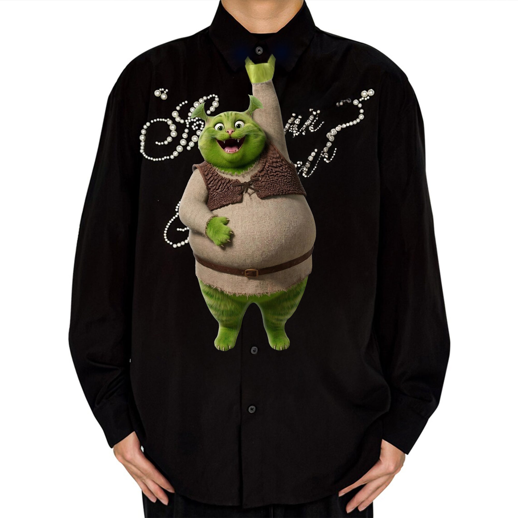 The Greencat Tie for Dad, Funny Swamp Monster Cat Photo Necktie, Unique Mythical Cat Accessory