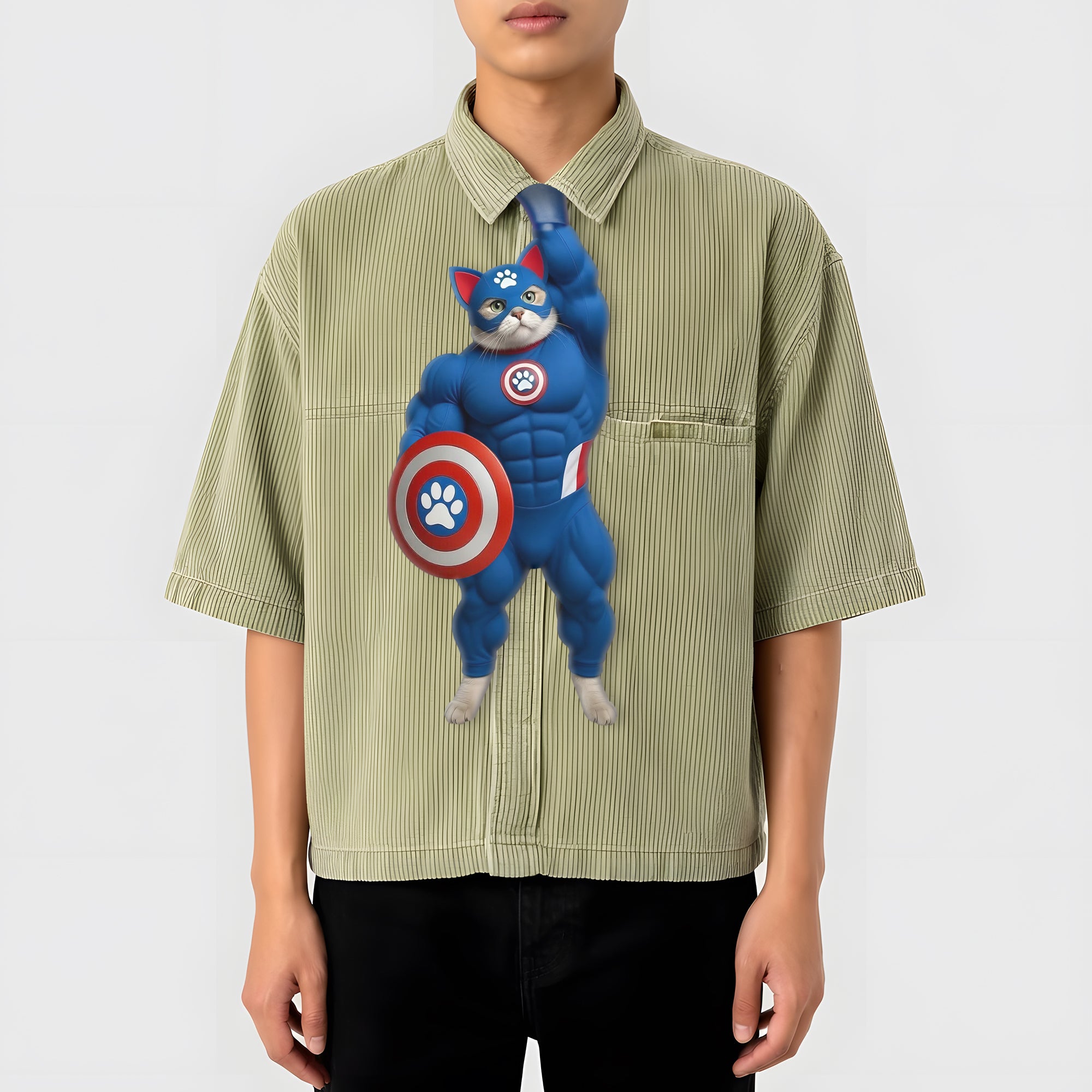 Dripvity Captain Cat-merica Muscle Cat Tie, Hilarious Superhero Meme Necktie for Men