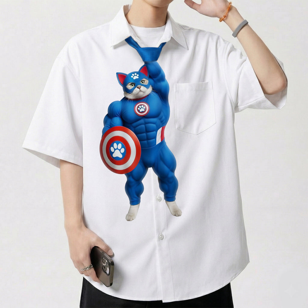 Dripvity Captain Cat-merica Muscle Cat Tie, Hilarious Superhero Meme Necktie for Men