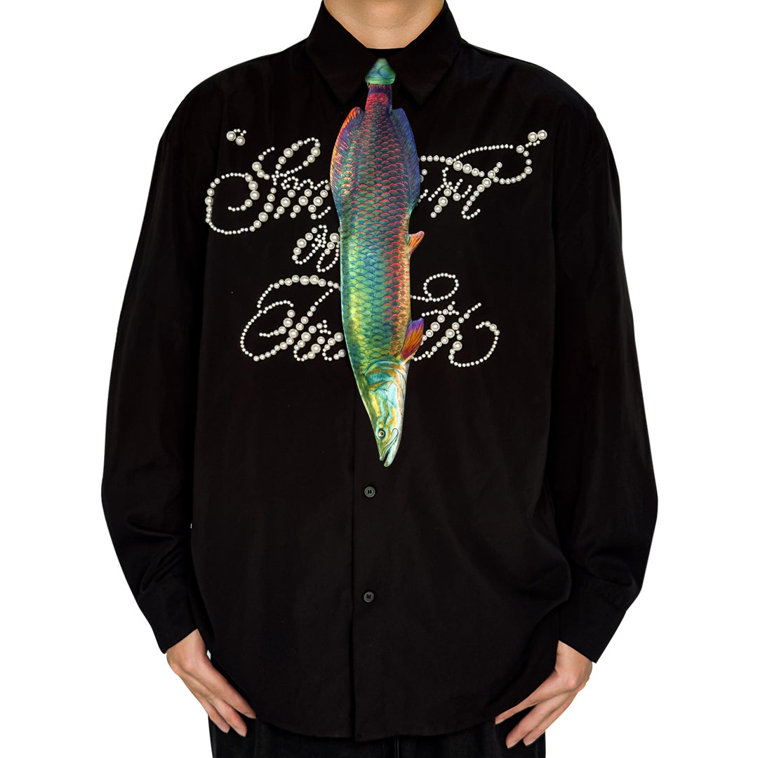 Novelty necktie featuring a realistic, iridescent Arowana fish design, a unique and eye-catching fashion accessory for fish enthusiasts