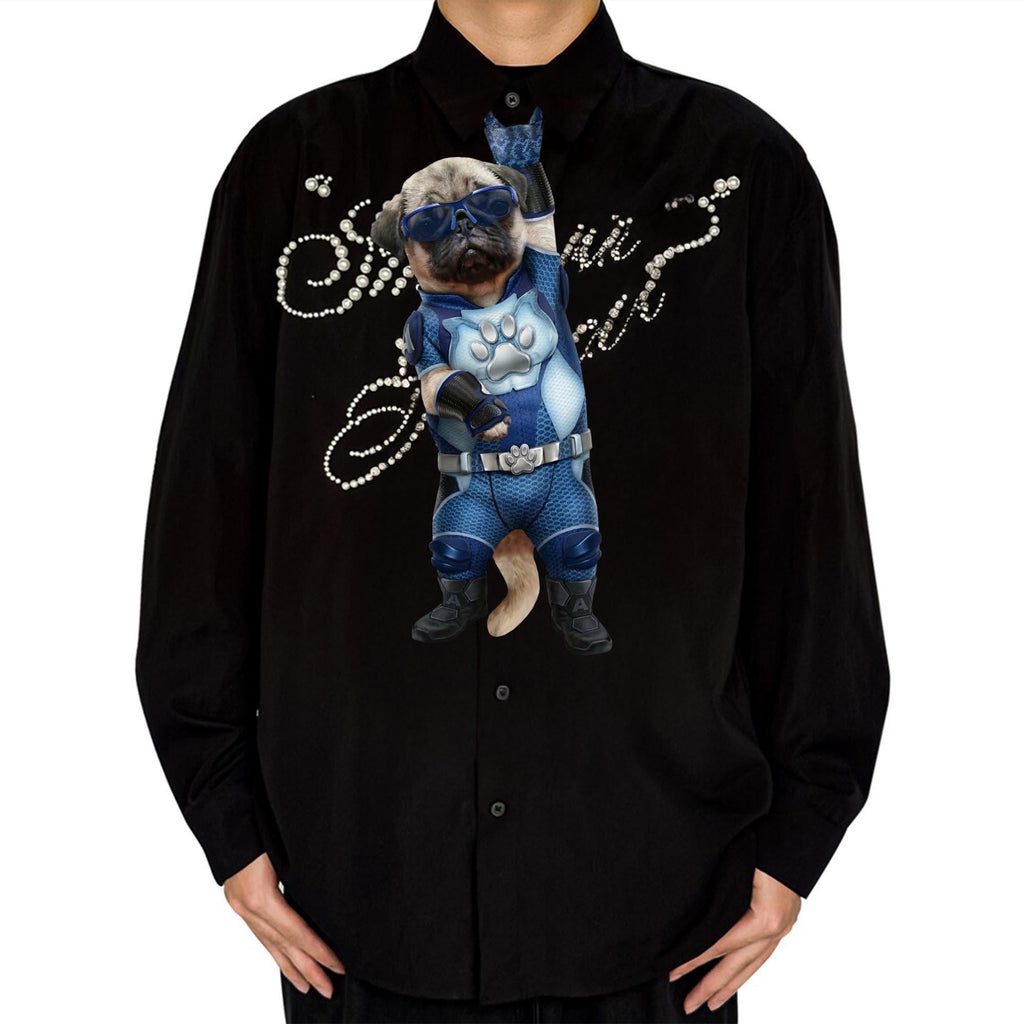 Novelty necktie featuring a cute Pug dog dressed in a blue tactical superhero suit with sunglasses and a paw print emblem