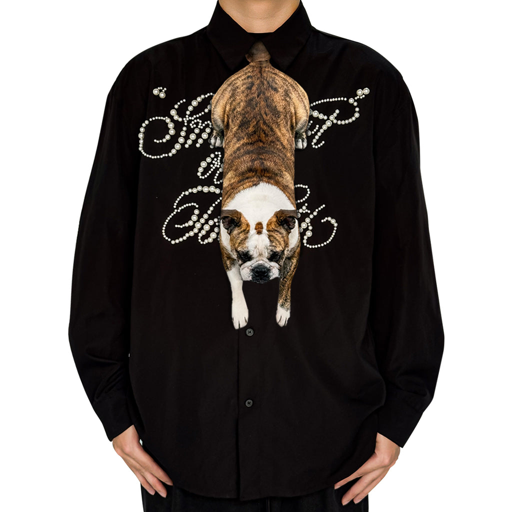 Novelty necktie featuring a realistic hanging brindle Bulldog dog design, a fun and unique fashion accessory for dog lovers.