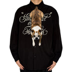 Novelty necktie featuring a realistic hanging brindle Bulldog dog design, a fun and unique fashion accessory for dog lovers.