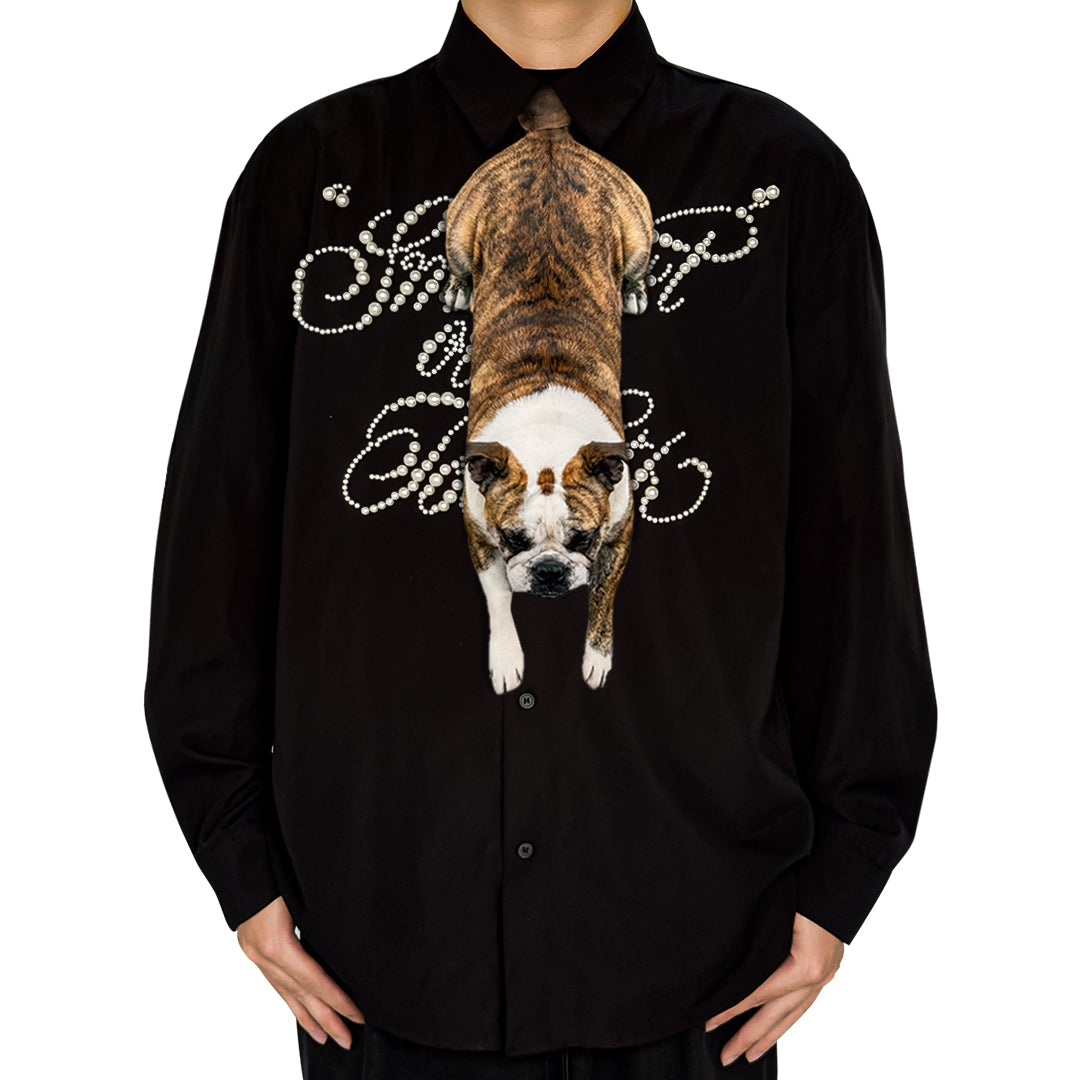 Novelty necktie featuring a realistic hanging brindle Bulldog dog design, a fun and unique fashion accessory for dog lovers.