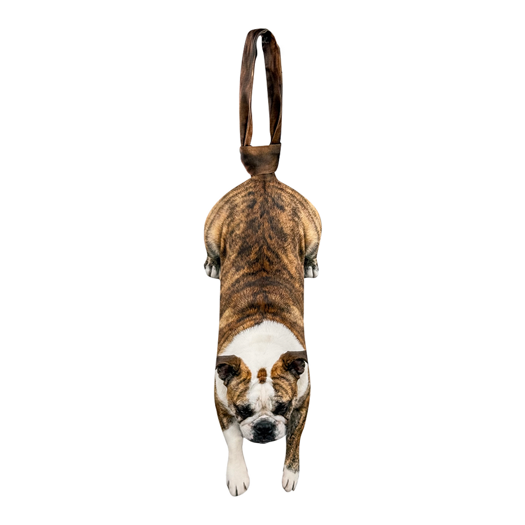 Novelty necktie featuring a realistic hanging brindle Bulldog dog design, a fun and unique fashion accessory for dog lovers.