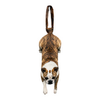 Novelty necktie featuring a realistic hanging brindle Bulldog dog design, a fun and unique fashion accessory for dog lovers.