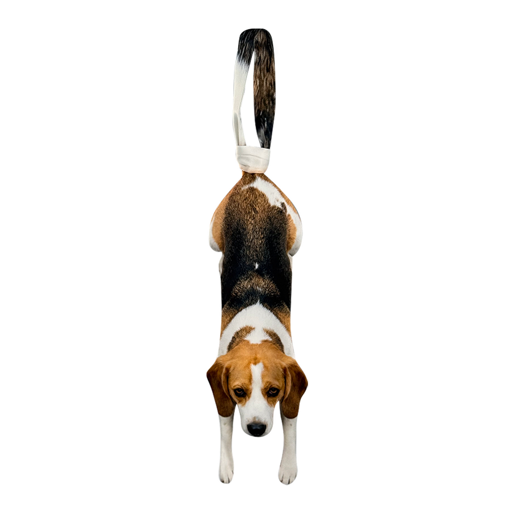 Novelty necktie featuring a realistic hanging Beagle dog design, a fun and unique fashion accessory for dog lovers