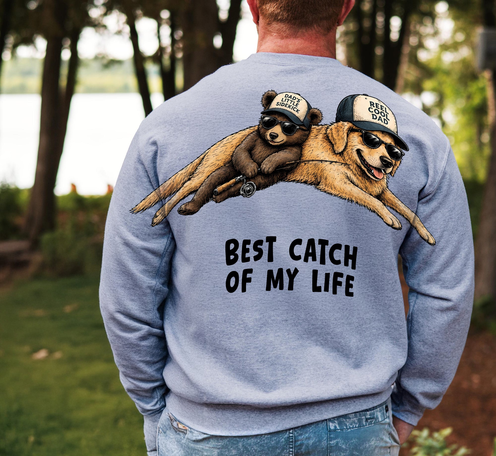 Best Catch Of My Life dog bear graphic tee by Dripvity, unisex oversized black washed t-shirt with dog and bear wearing hats funny design