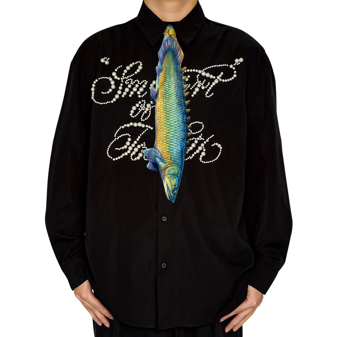 Novelty necktie featuring a realistic, detailed illustration of an Arowana fish with vibrant scales, a unique and eye-catching fashion accessory for aquatic life enthusiasts.