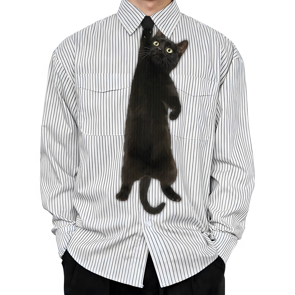 Novelty necktie featuring a realistic black cat appearing to hang from the wearer's collar