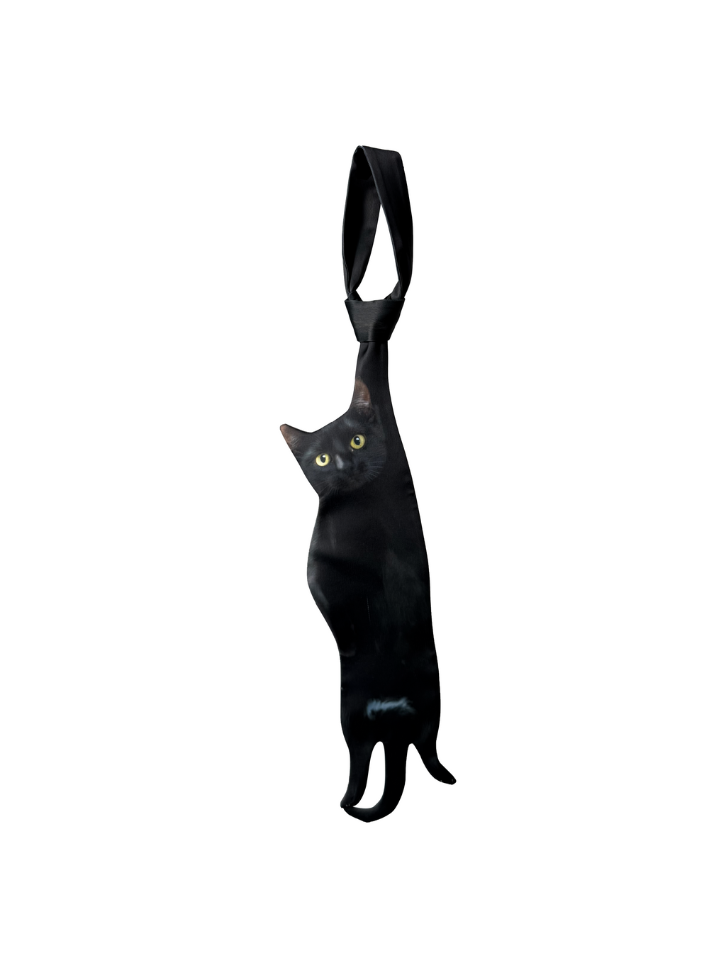 Novelty necktie featuring a realistic black cat design, a fun and unique fashion accessory.