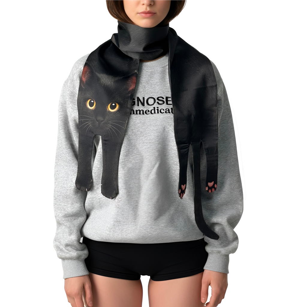 Unique novelty scarf featuring a realistic black cat design with yellow eyes, a creative and fun fashion accessory.