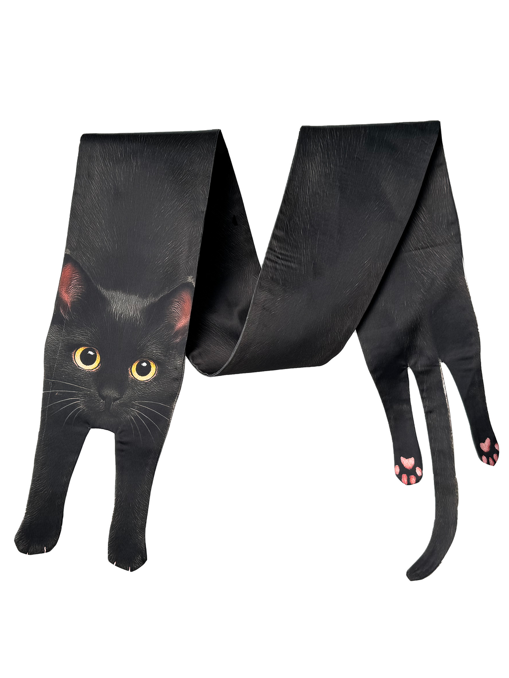 Unique novelty scarf featuring a realistic black cat design with yellow eyes, a creative and fun fashion accessory.