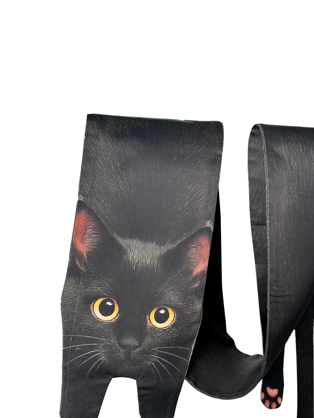 Unique novelty scarf featuring a realistic black cat design with yellow eyes, a creative and fun fashion accessory.