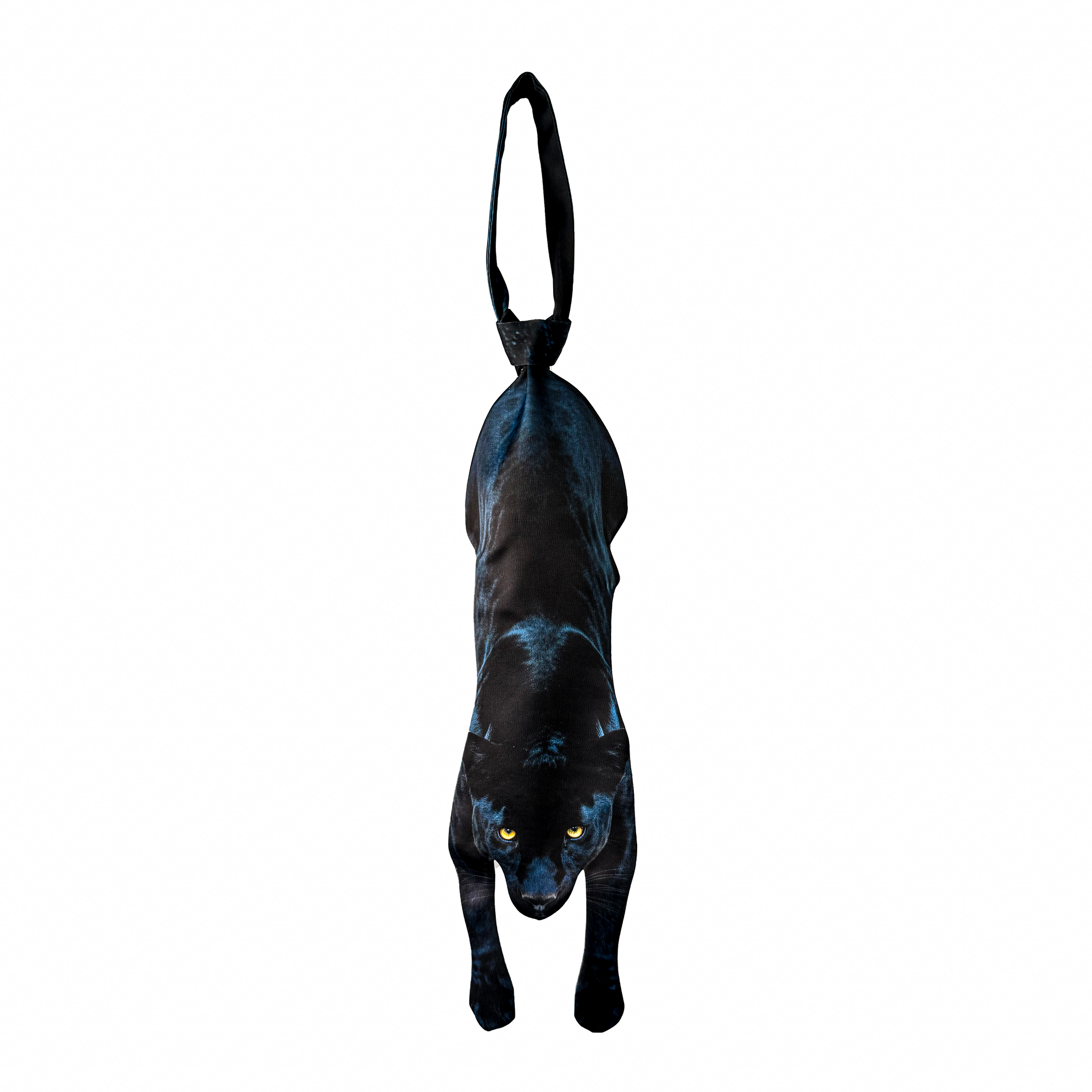 Novelty necktie featuring a realistic hanging black panther design, a sleek and unique fashion accessory.