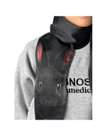 Unique novelty scarf featuring a realistic black rabbit design, a creative and playful fashion accessory.
