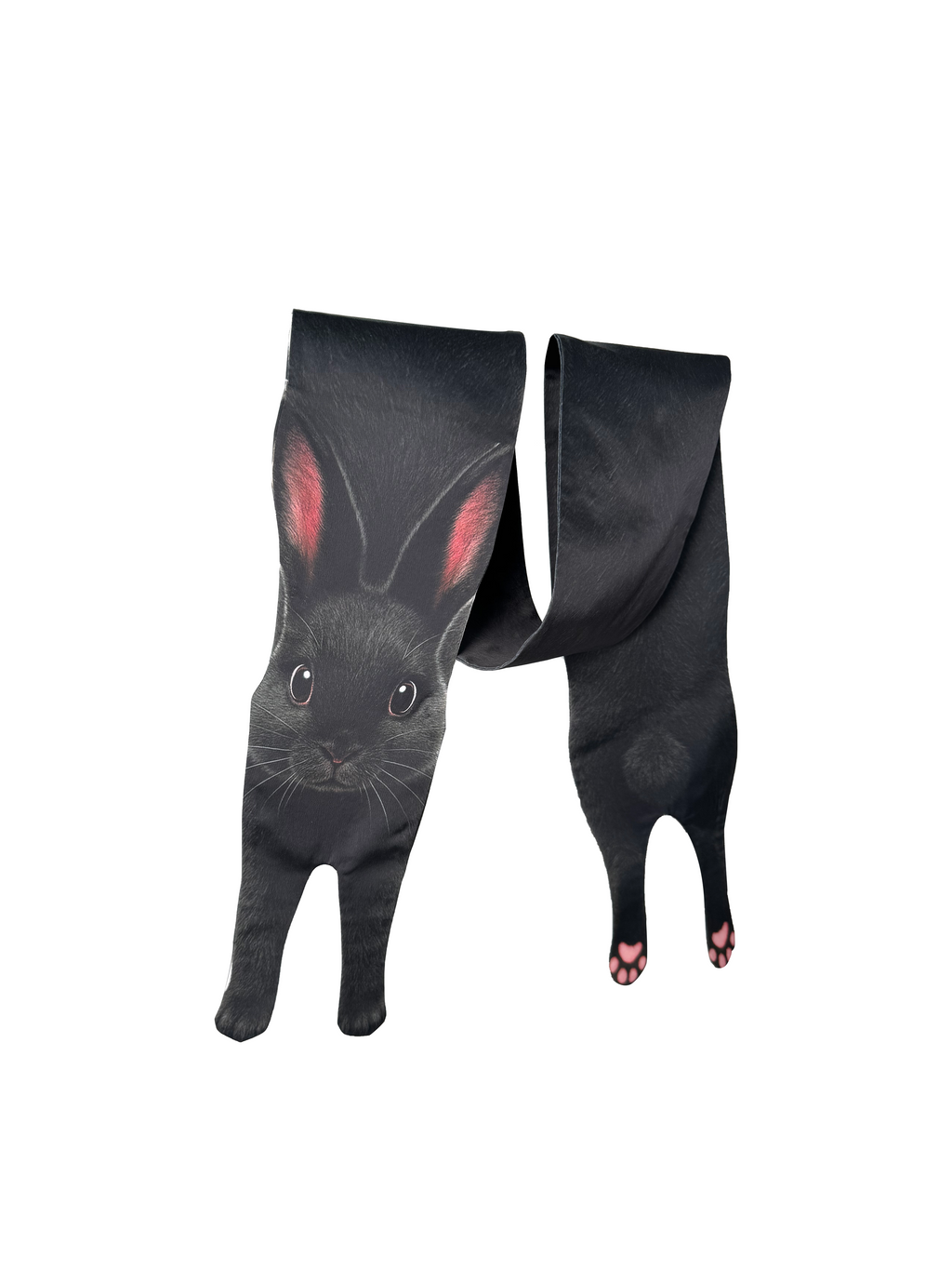 Unique novelty scarf featuring a realistic black rabbit design, a creative and playful fashion accessory.