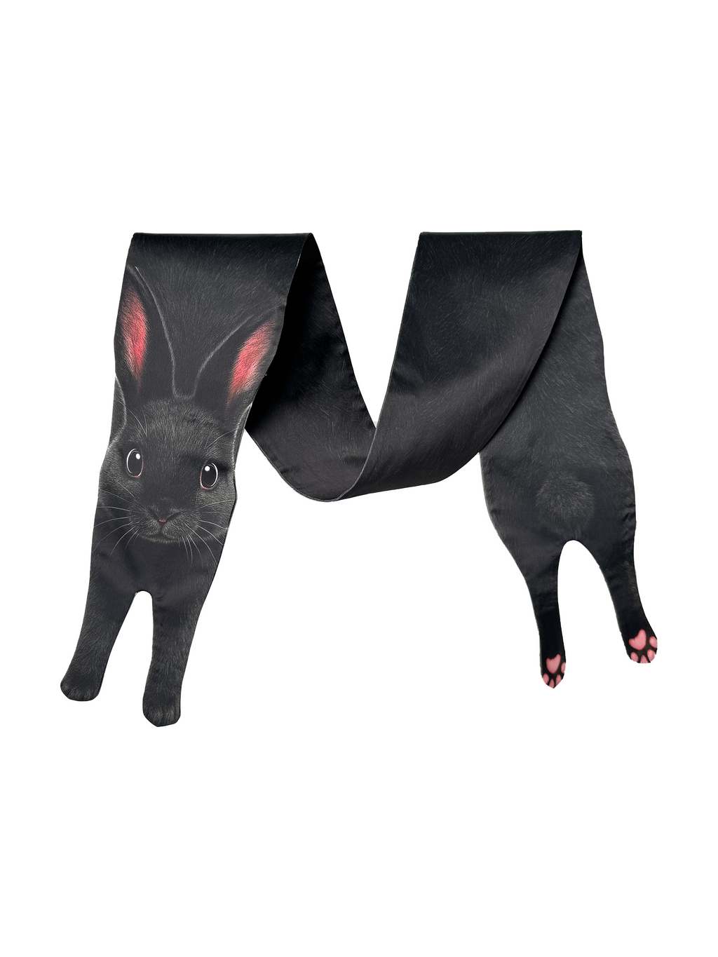 Unique novelty scarf featuring a realistic black rabbit design, a creative and playful fashion accessory.
