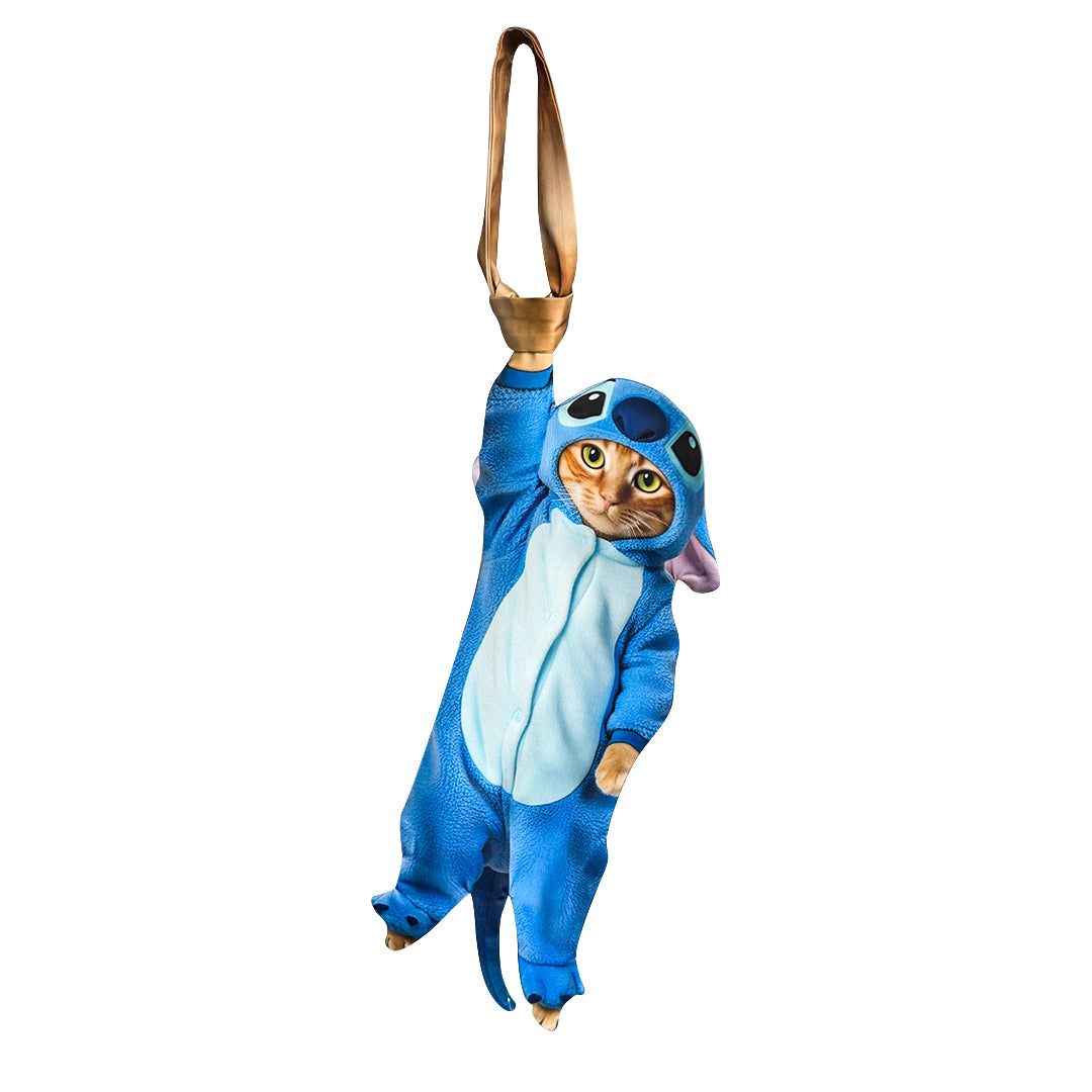 Novelty necktie featuring a cute hanging cat wearing blue and pink Stitch-style costume onesies, a playful and unique fashion accessory.