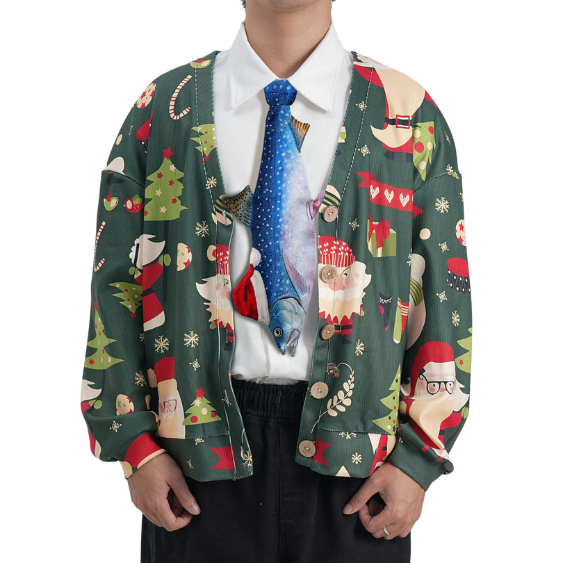 Novelty Christmas tie featuring a detailed fish design with a Santa hat, fun holiday-themed accessory for gifts.