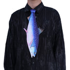 Unique novelty necktie shaped like a blue speckled trout fish, a fun and creative accessory for fishing enthusiasts or themed events.