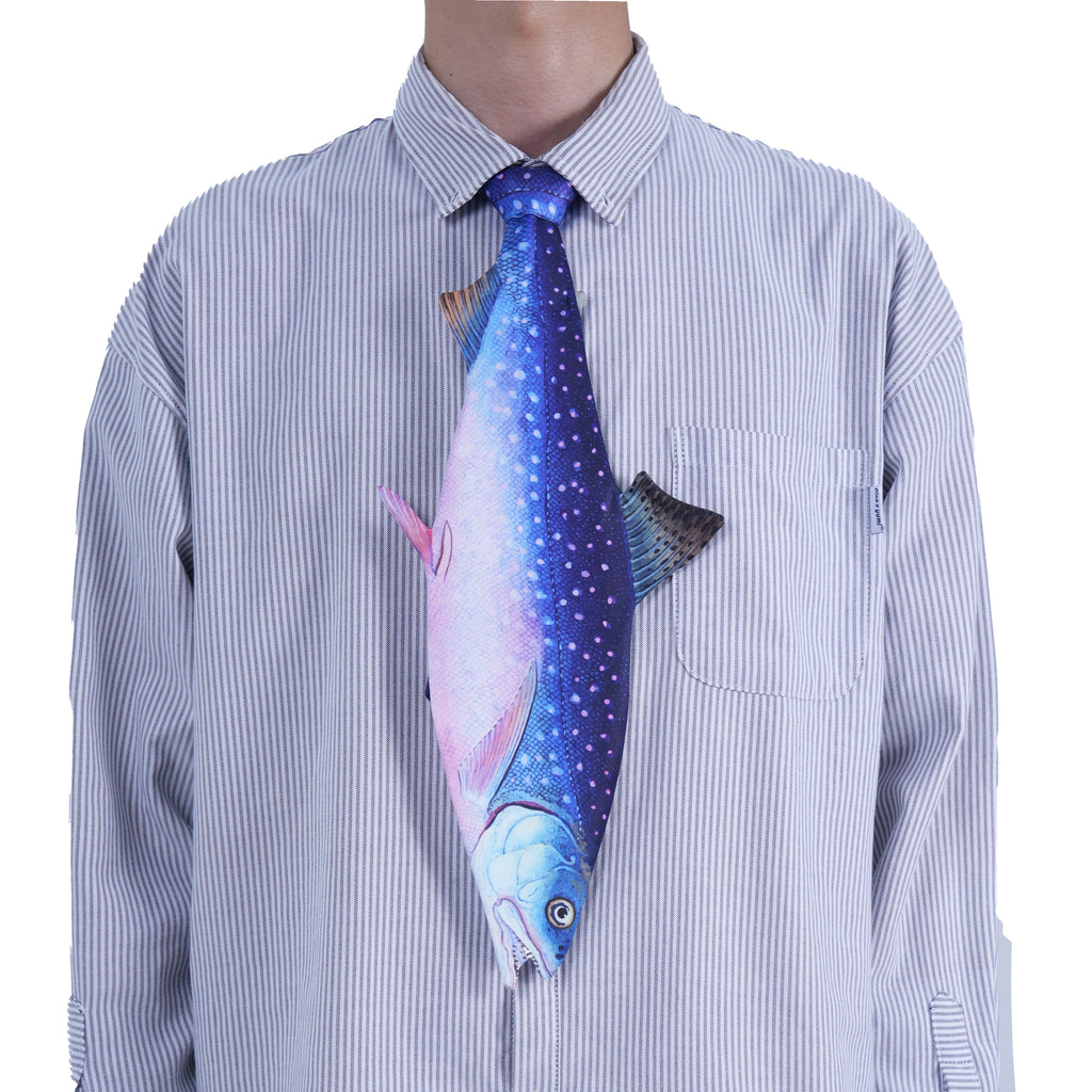 Unique novelty necktie shaped like a blue speckled trout fish, a fun and creative accessory for fishing enthusiasts or themed events.