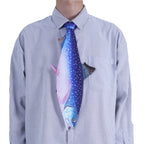 Unique novelty necktie shaped like a blue speckled trout fish, a fun and creative accessory for fishing enthusiasts or themed events.