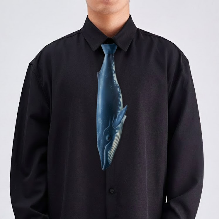 Novelty necktie featuring a realistic blue whale design, a unique and eye-catching fashion accessory.