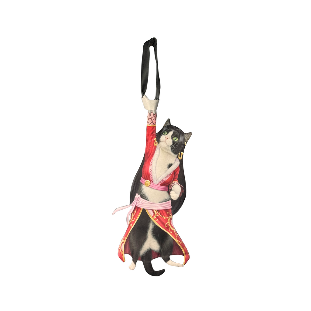 Novelty necktie featuring a creative illustration of a tuxedo cat cosplaying as Boa Hancock from One Piece, wearing her signature red and white outfit with pink accents, a fun and unique fashion accessory for anime fan