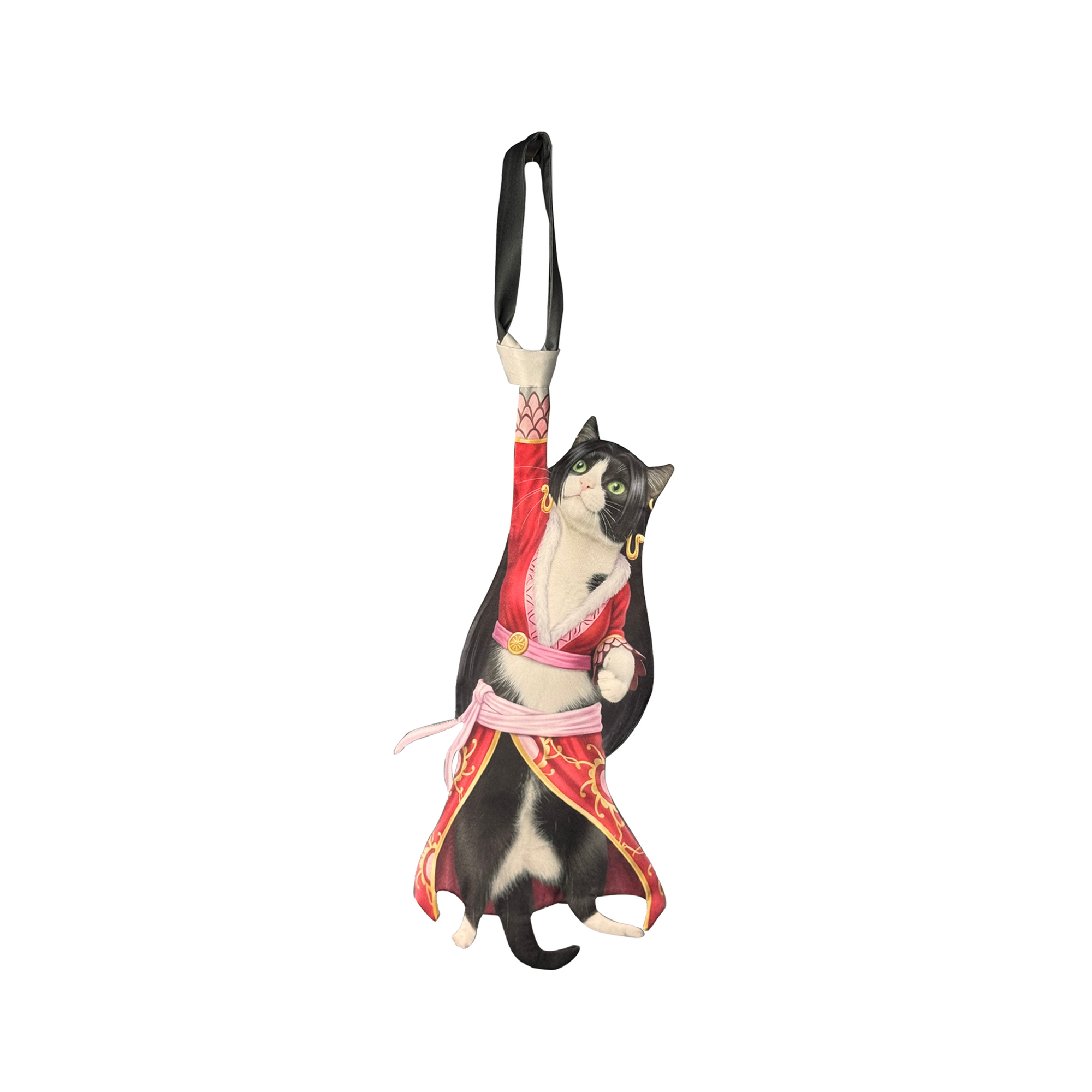 Novelty necktie featuring a creative illustration of a tuxedo cat cosplaying as Boa Hancock from One Piece, wearing her signature red and white outfit with pink accents, a fun and unique fashion accessory for anime fan