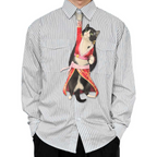 Novelty necktie featuring a creative illustration of a tuxedo cat cosplaying as Boa Hancock from One Piece, wearing her signature red and white outfit with pink accents, a fun and unique fashion accessory for anime fans