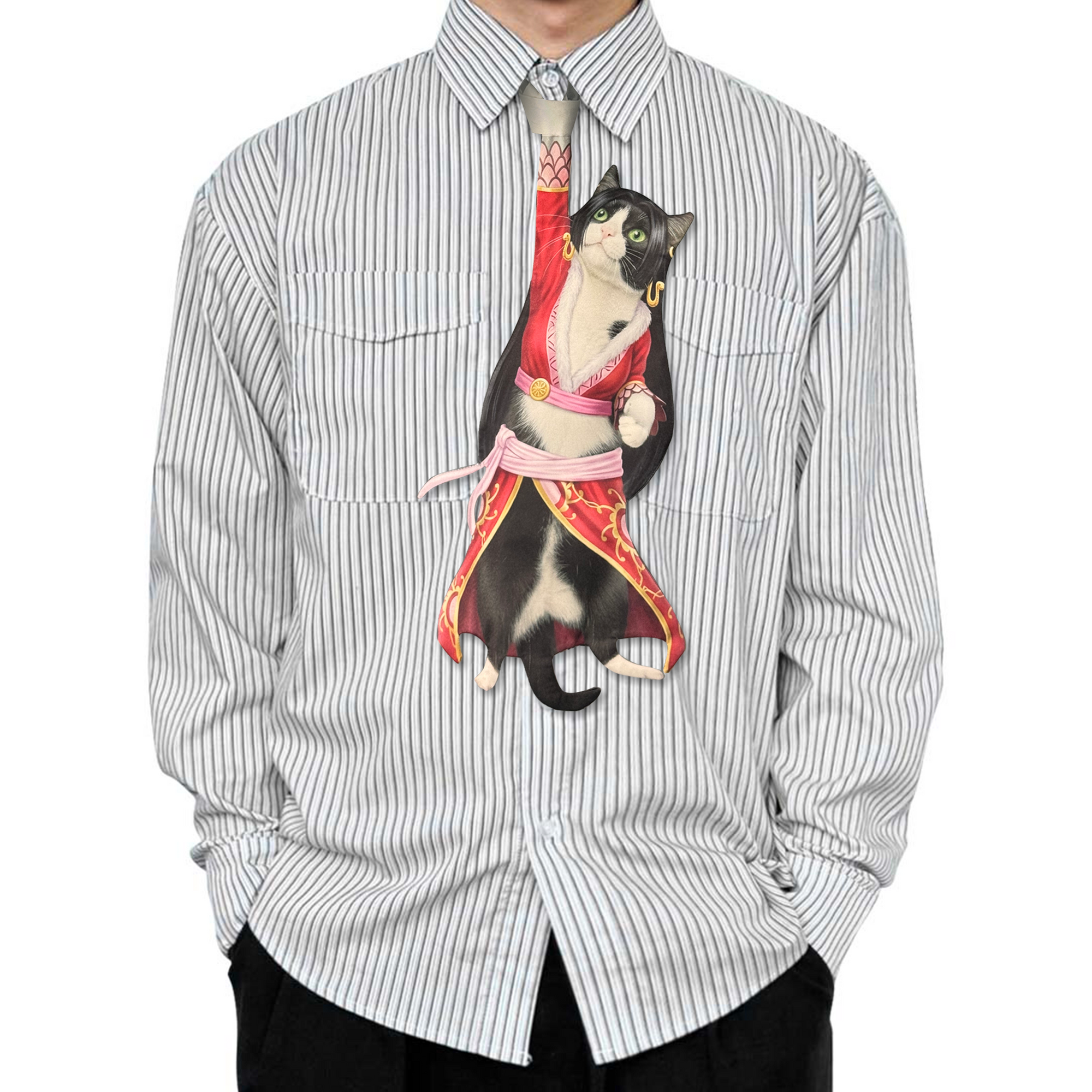 Novelty necktie featuring a creative illustration of a tuxedo cat cosplaying as Boa Hancock from One Piece, wearing her signature red and white outfit with pink accents, a fun and unique fashion accessory for anime fans
