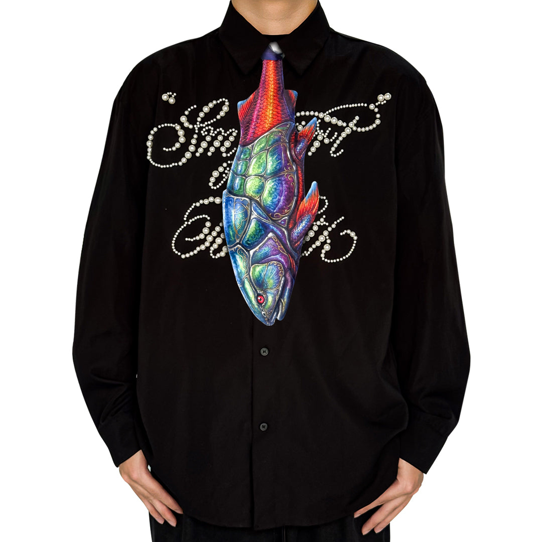 Novelty necktie featuring a vibrant, stylized fish design with intricate patterns and iridescent colors, a unique and artistic fashion accessory for standout style
