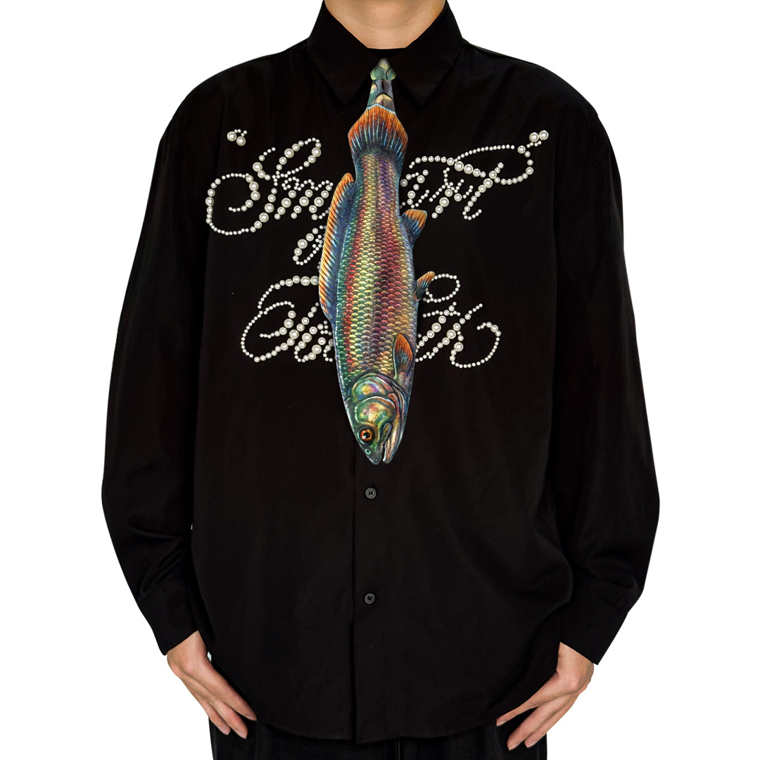 Novelty necktie featuring a realistic, detailed illustration of a fish with vibrant, iridescent rainbow-colored scales, a unique and eye-catching fashion accessory for aquatic life enthusiasts.