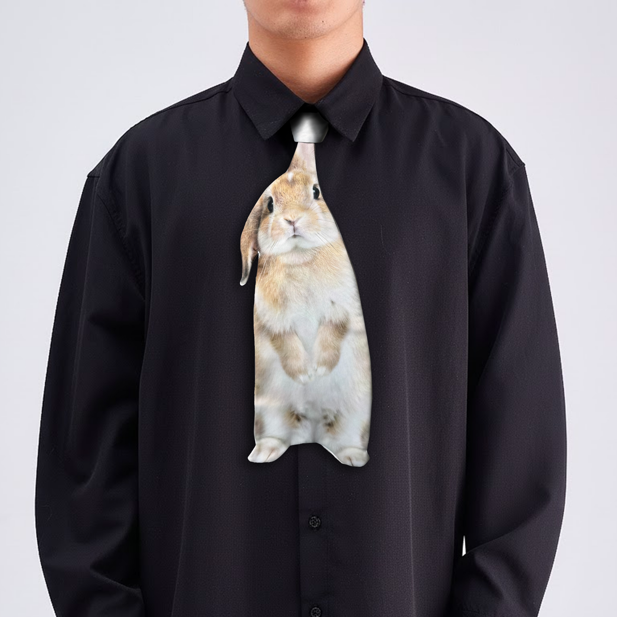 Novelty necktie featuring a realistic standing bunny rabbit design, a fun and unique fashion accessory.