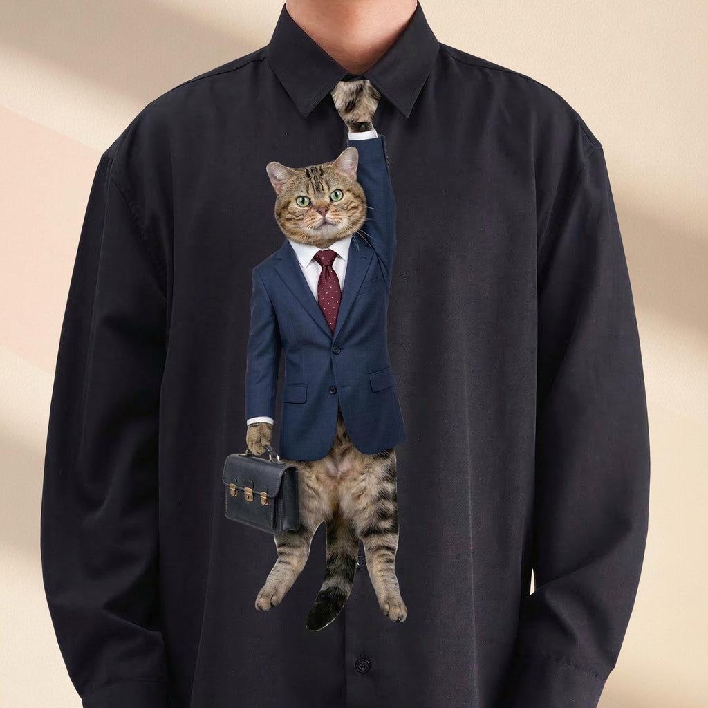 Novelty necktie featuring a tabby cat dressed in a professional blue business suit and red tie, holding a small briefcase