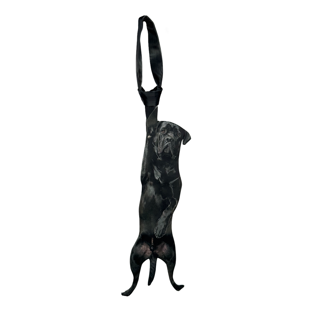 Novelty necktie featuring a realistic hanging black Cane Corso dog design, a fun and unique fashion accessory for dog lovers.