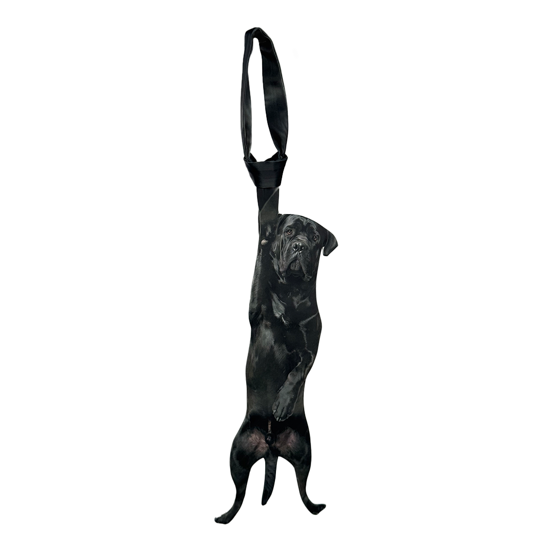 Novelty necktie featuring a realistic hanging black Cane Corso dog design, a fun and unique fashion accessory for dog lovers.