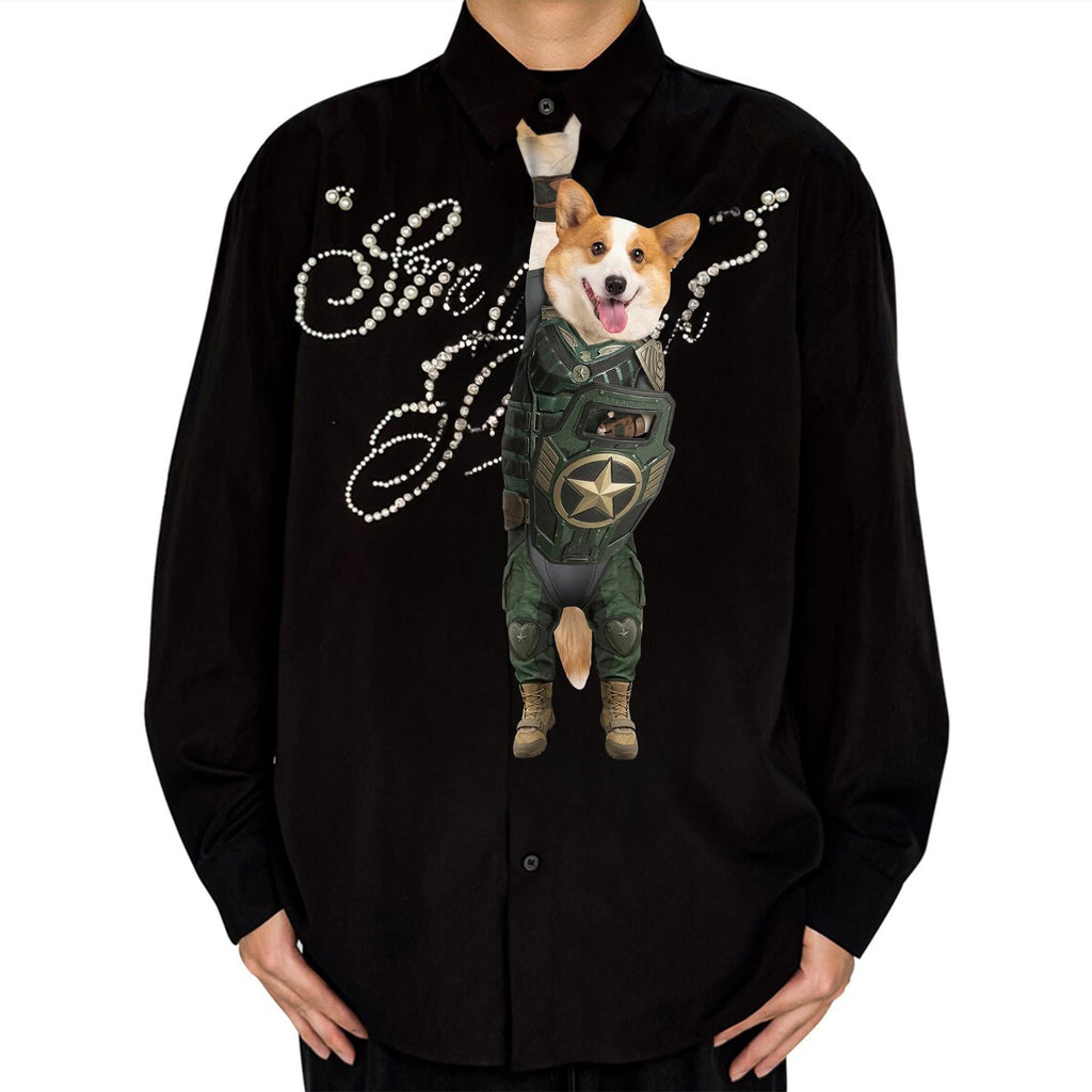 Novelty necktie featuring a happy Corgi dog dressed in a tactical military-style armor suit, reminiscent of a superhero