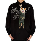 Novelty necktie featuring a happy Corgi dog dressed in a tactical military-style armor suit, reminiscent of a superhero