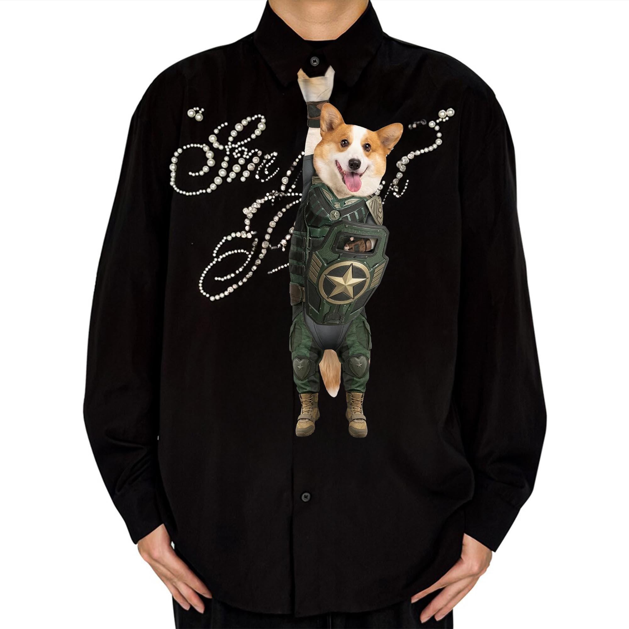 Novelty necktie featuring a happy Corgi dog dressed in a tactical military-style armor suit, reminiscent of a superhero