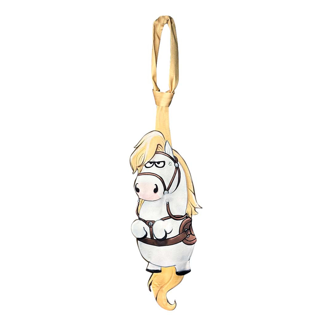 Novelty necktie featuring a cute, stylized cartoon illustration of a white horse with a blonde mane and tail, wearing a brown harness, a fun and unique fashion accessory for horse enthusiasts