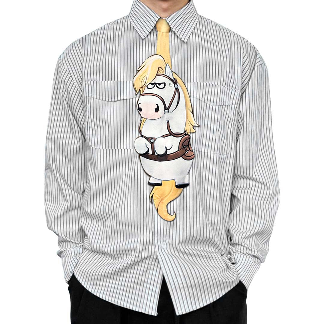 Novelty necktie featuring a cute, stylized cartoon illustration of a white horse with a blonde mane and tail, wearing a brown harness, a fun and unique fashion accessory for horse enthusiasts