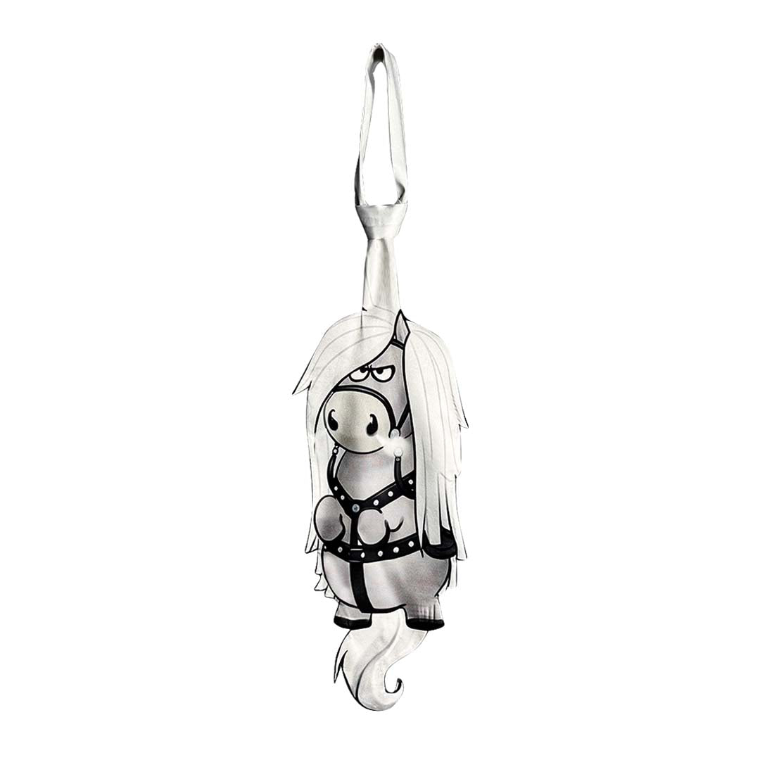 Novelty necktie featuring a cute, stylized cartoon illustration of a grey horse with a long mane, a fun and unique fashion accessory for horse enthusiasts