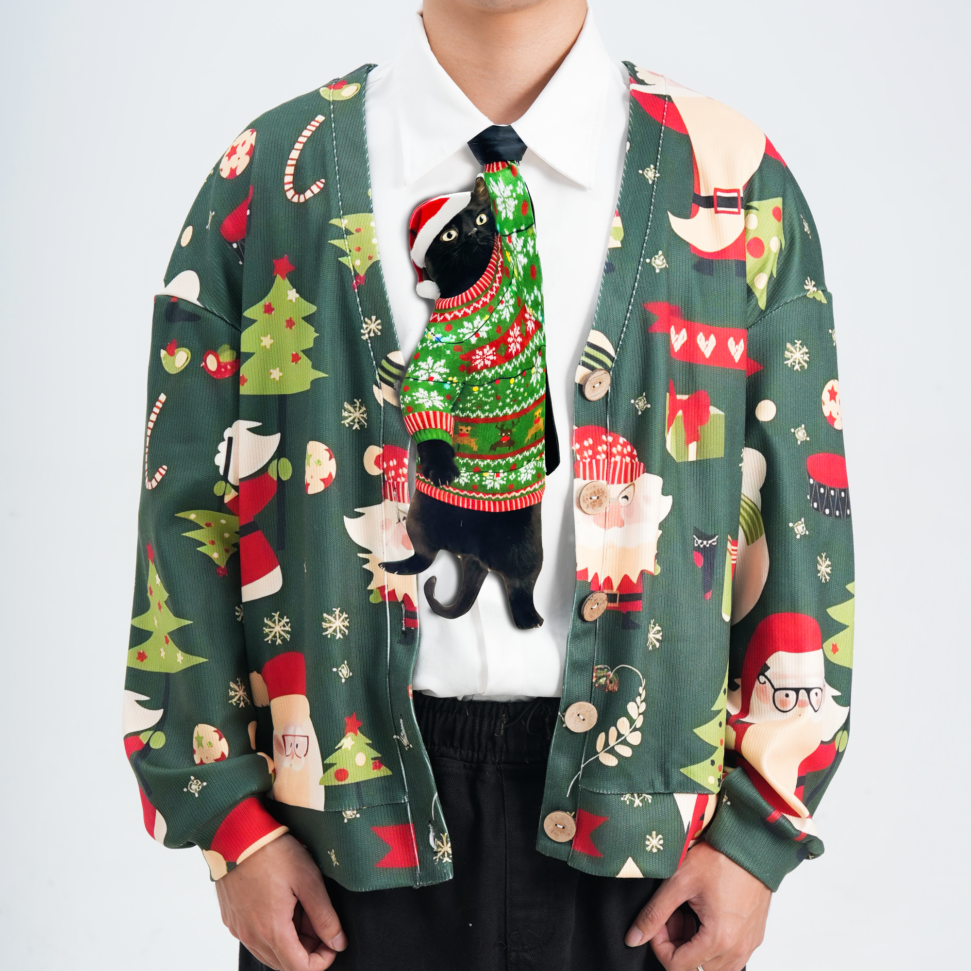 Novelty Christmas tie featuring a cute black cat wearing a Santa hat and holiday sweater, fun festive accessory for animal lovers.